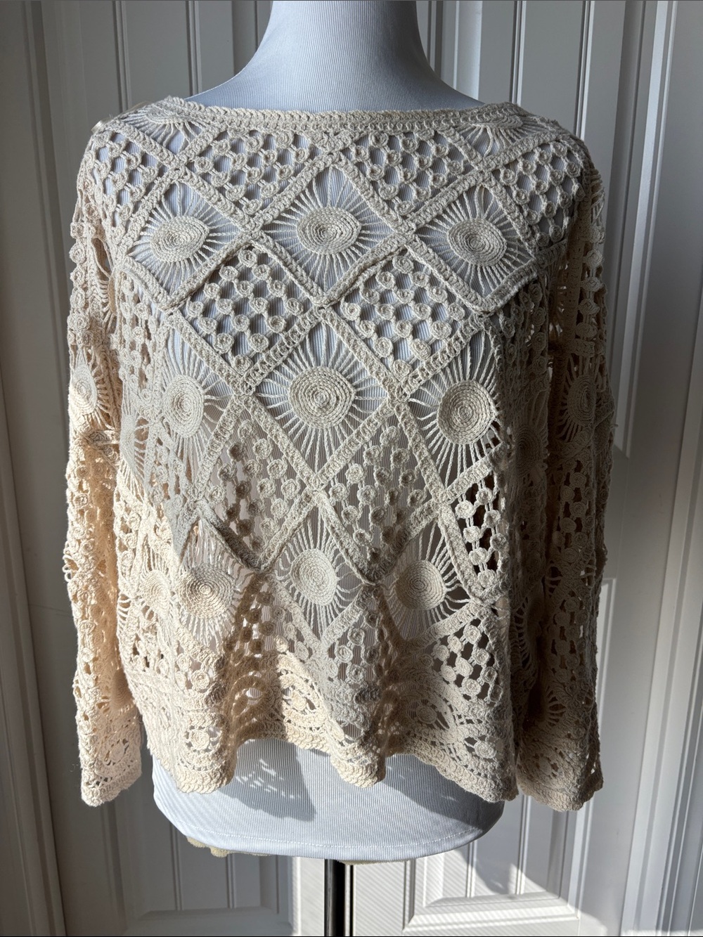a.n.a Cream Crochet Openwork Crewneck Sweater